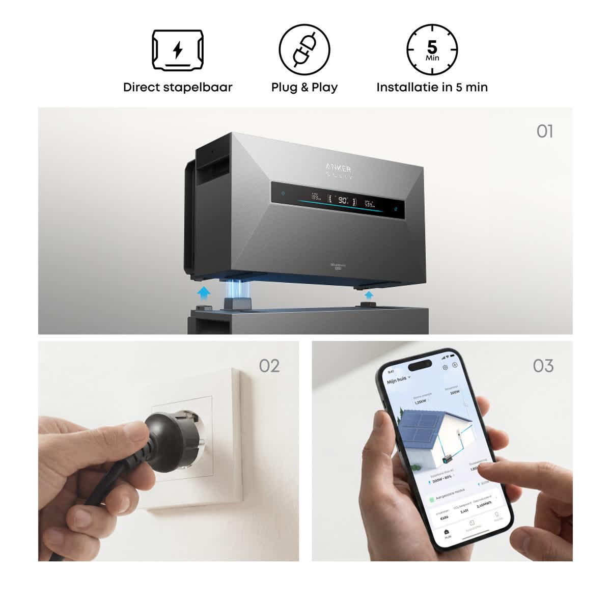 Drie stappen: de Solarbank Max AC op de basis stapelen, de stekker in een gewoon stopcontact, en de opbrengst volgen in de app