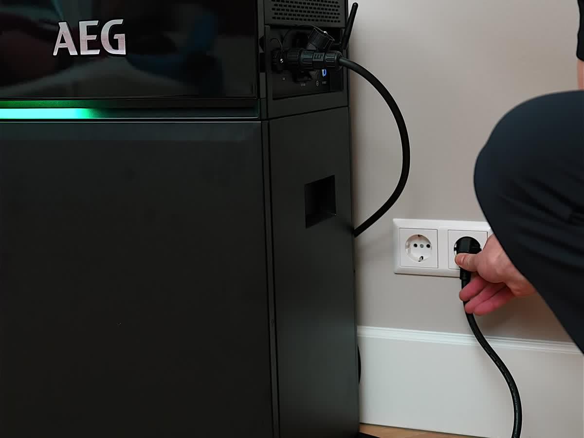 De AEG Solarcube wordt met de meegeleverde kabel op een gewoon stopcontact aangesloten